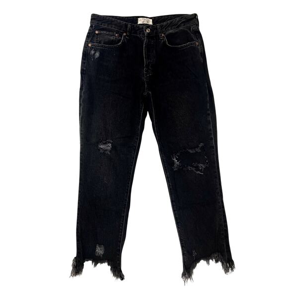 Free People Distressed Good Times Relaxed Skinny Cropped Black Jeans Size 29 - Picture 2 of 10